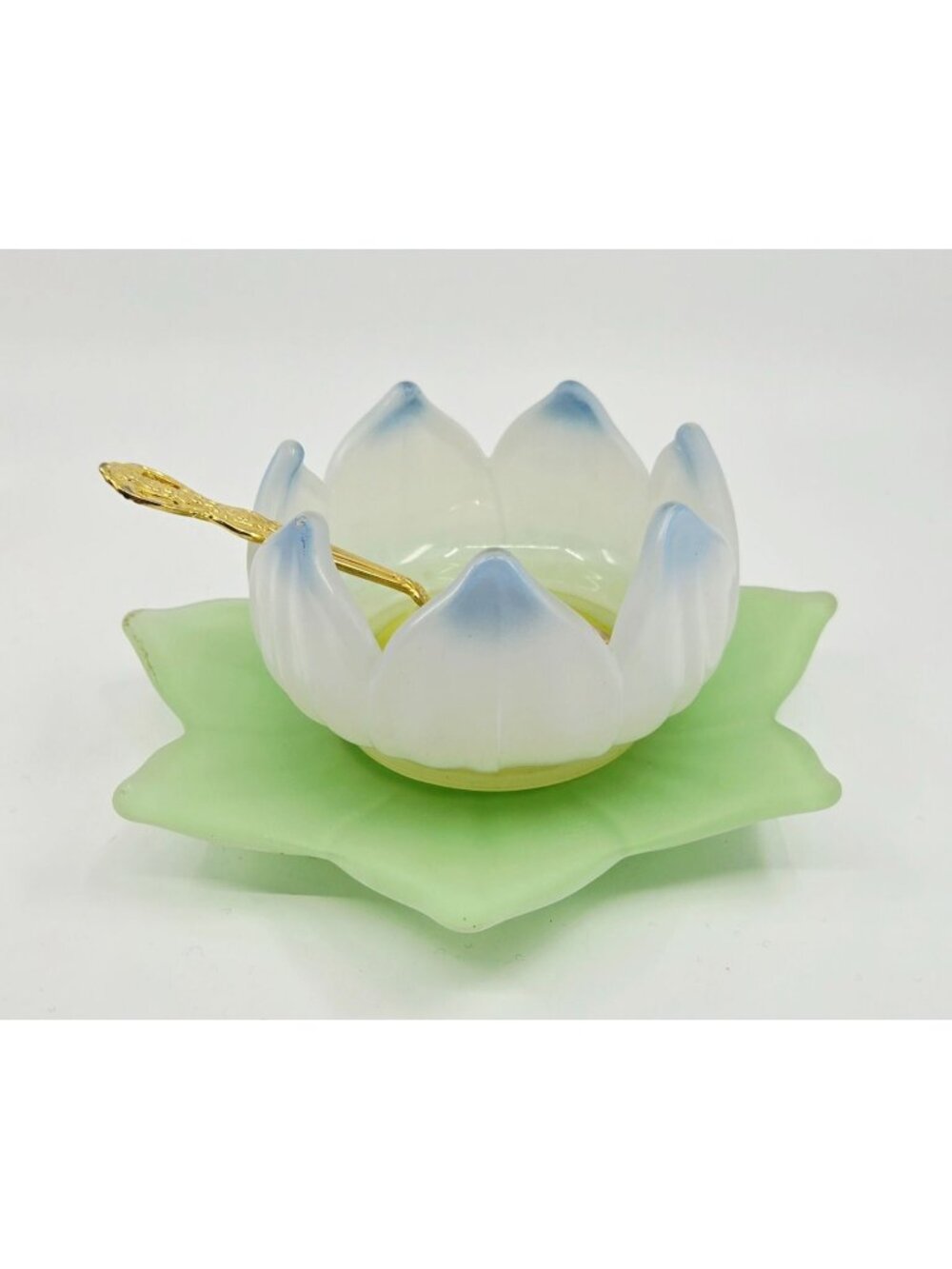 Rare Frosted Westmorland Mayo Lotus Bowl and Plate Green, Blue Yellow
